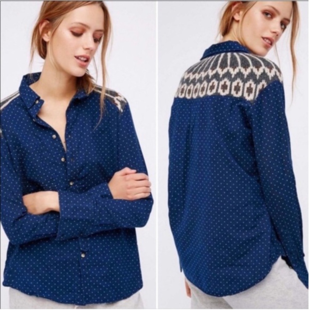 NWT FREE PEOPLE SAGE BUTTON DOWN NORDIC SWEATER YOKE SHIRT S